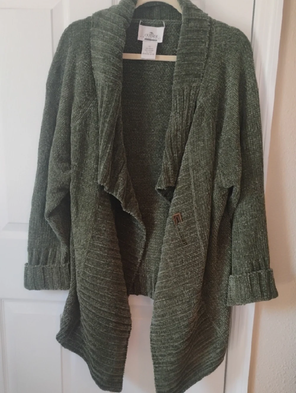 Stan Herman Outside Editions Marled Knit open-front duster cardigan in olive 1X - Picture 1 of 6